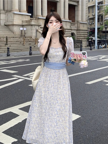 Gentle style floral puff sleeve dress for women summer 2024 new style waist slimming lace-up short-sleeved skirt