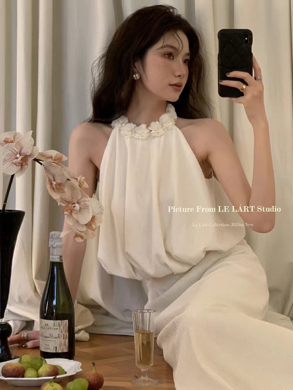 LE LART2024春款上新法式優雅露肩掛脖立體花朵背心小衫背心