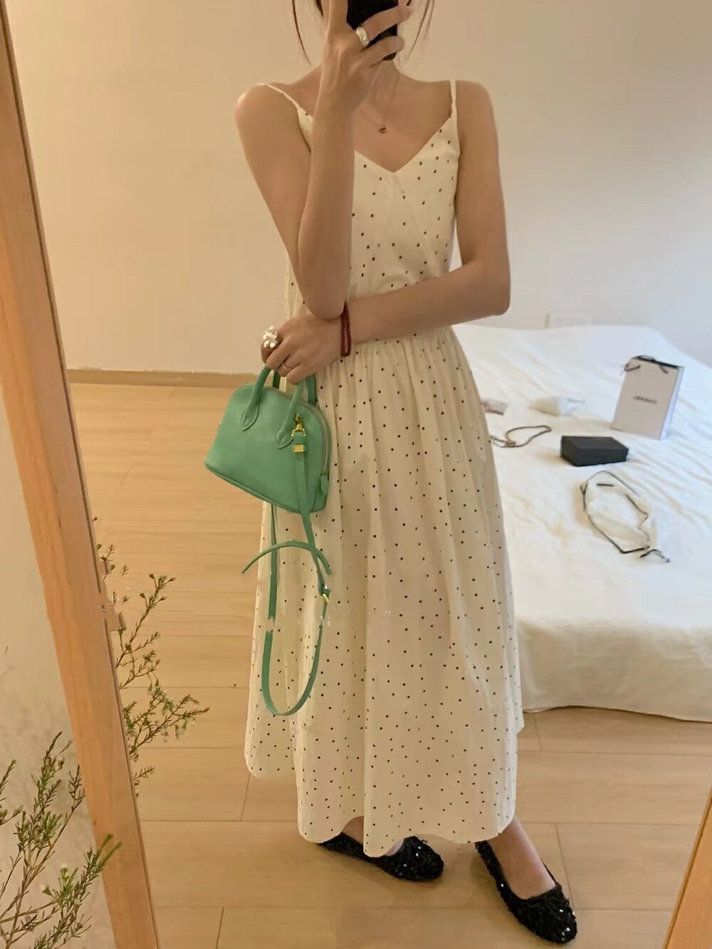 ！ins韓系女主減齡俏皮波點吊帶V領無袖大擺連衣裙公主裙