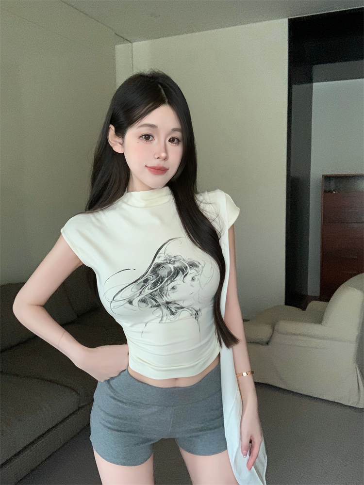 實拍 純欲漫畫女孩印花小立領修身顯瘦百搭上衣女