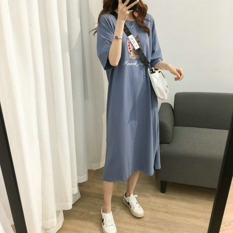 夏季新款純棉短袖t恤裙寬鬆中長款過膝連衣裙女