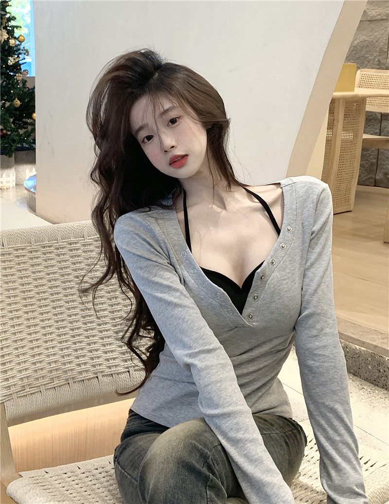 實拍~純欲掛脖設計感裹胸T恤兩件套女修身氣質內搭上衣