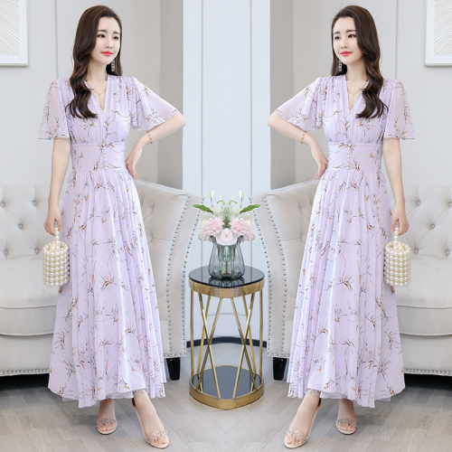 Fashion new chiffon dress female British style goddess style high waist British style foreign style summer slimming long swing