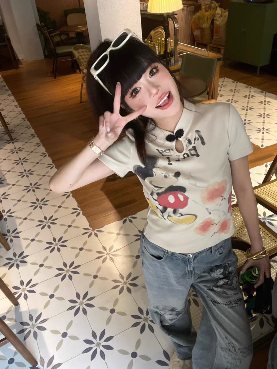 復古新中式國民風米奇印花設計款彈力修身辣妹顯瘦百搭絕美T恤