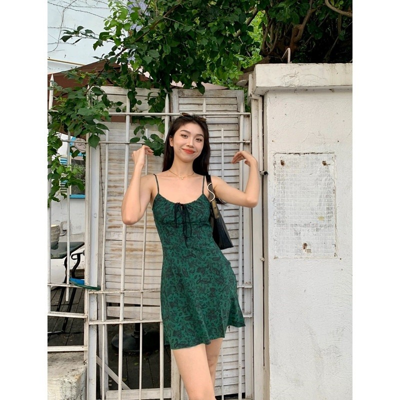 韓國夏季純欲性感墨綠色復古吊帶碎花連衣裙A短裙女