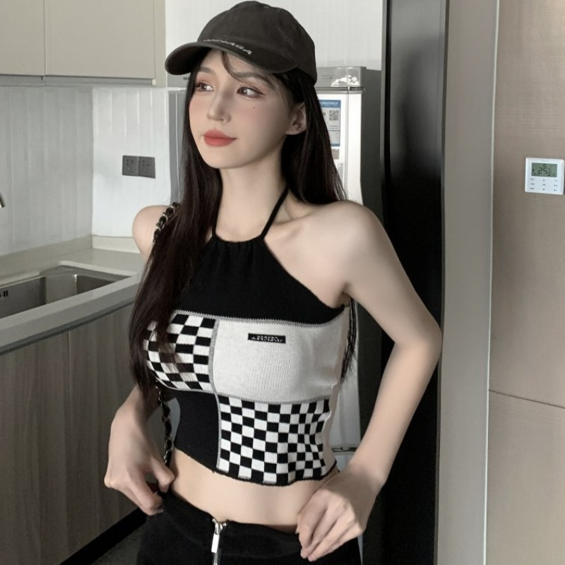 天貓質量夏季掛脖式格子針織吊帶短款露臍辣妹內搭上衣女潮