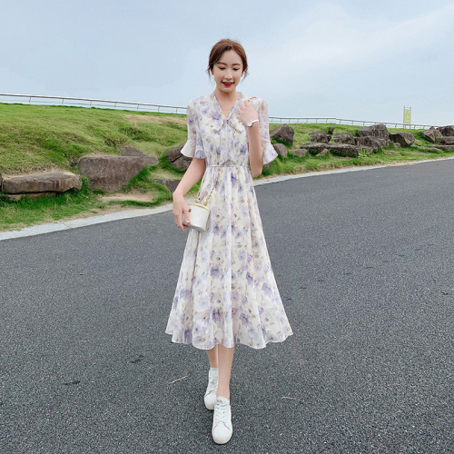 Purple fresh floral chiffon dress women's new summer waist slimming British style a-line skirt temperament