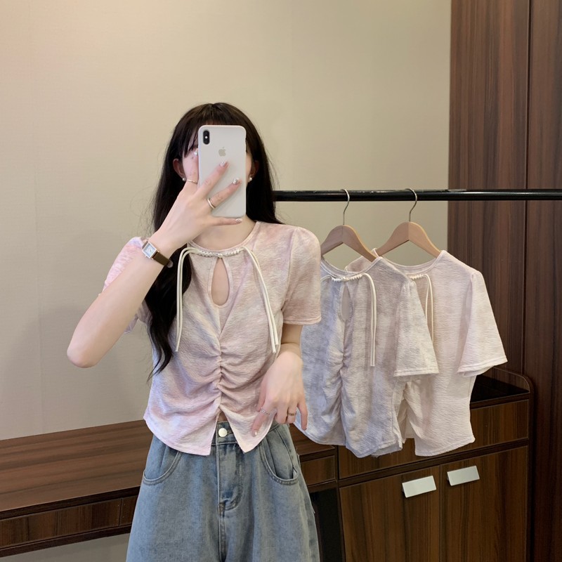 實拍夏季新款新中式復古國風盤扣褶皺開叉暈染顯瘦高彈力上衣