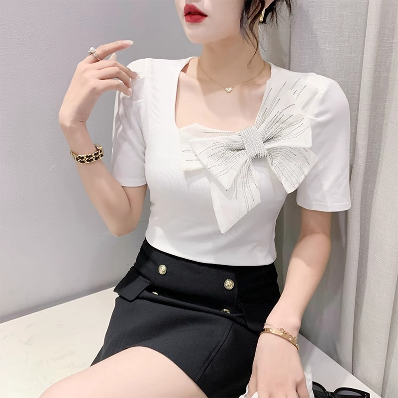 原版做工2024夏款時尚方領T恤女短袖設計感蝴蝶結氣質顯瘦小衫