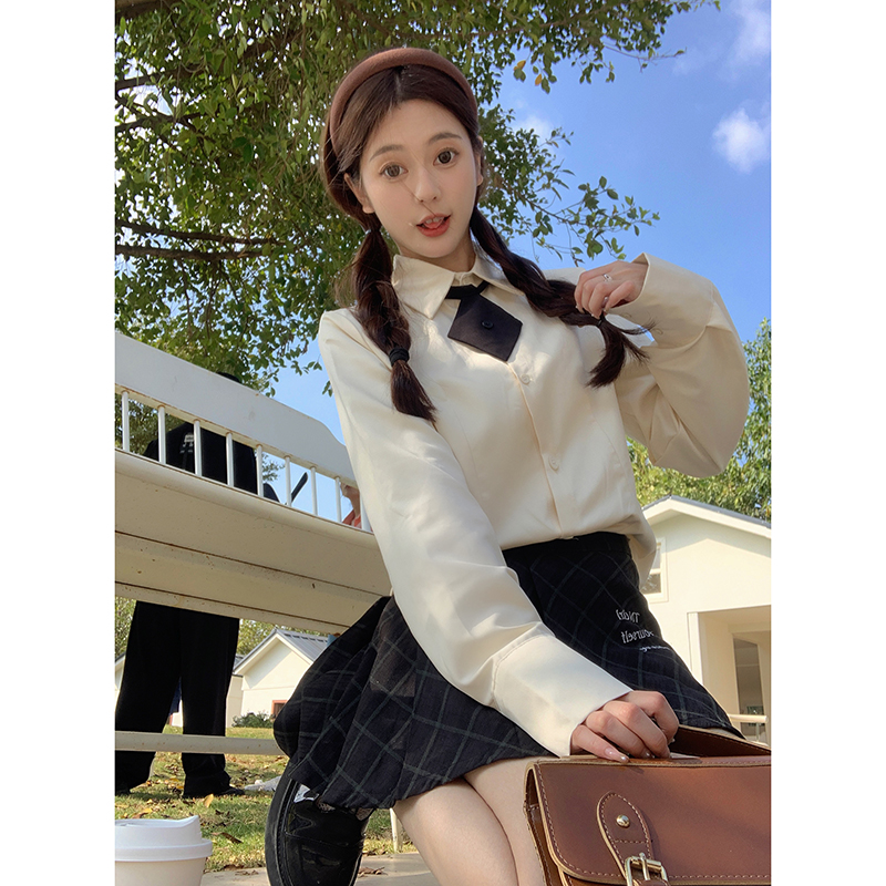 實拍  單排扣襯衫領帶可拆卸早春新款女百搭翻領上衣