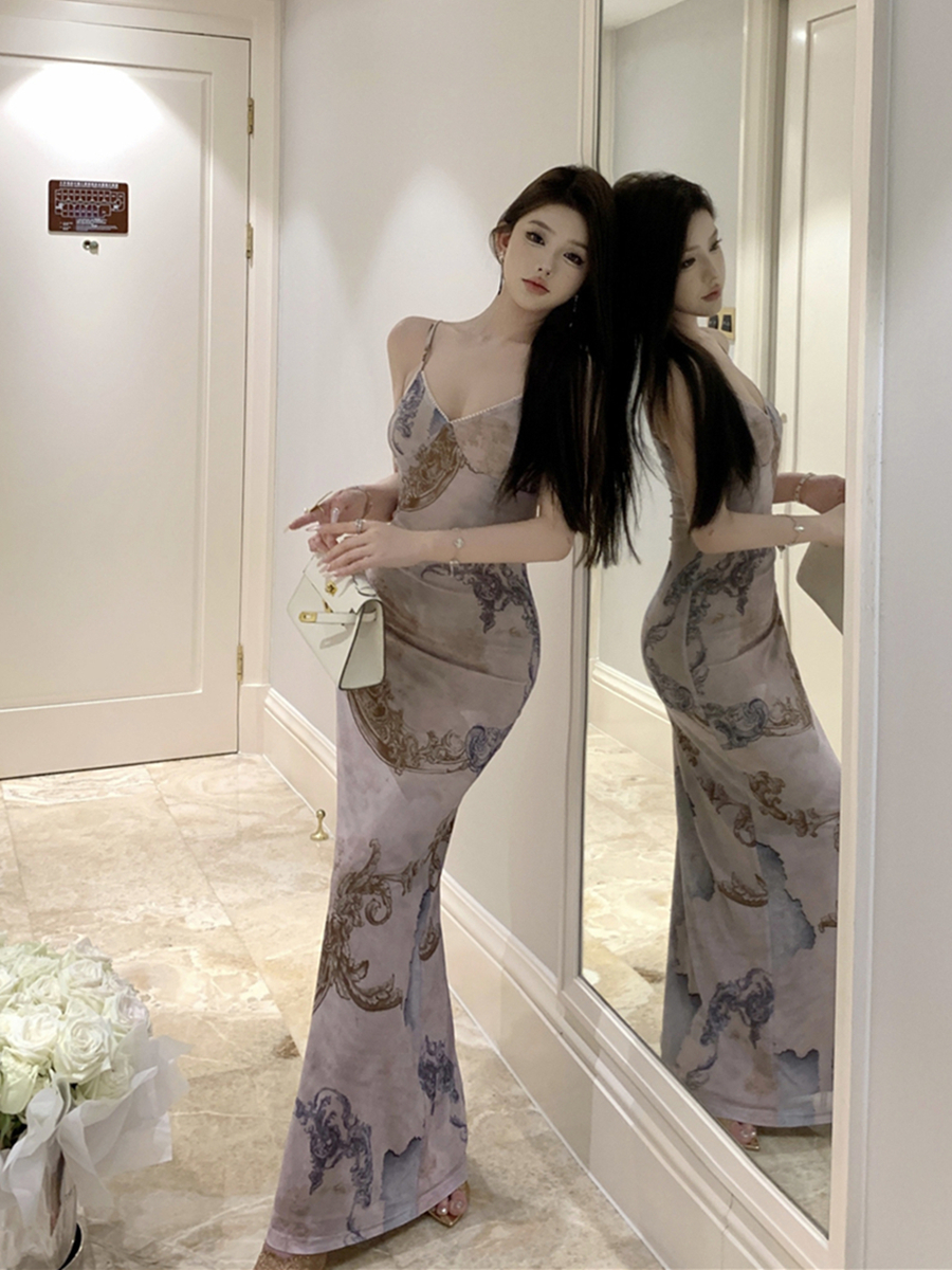 實拍復古性感V領包臀魚尾長裙印花彈力網紗修身顯瘦吊帶連衣裙女