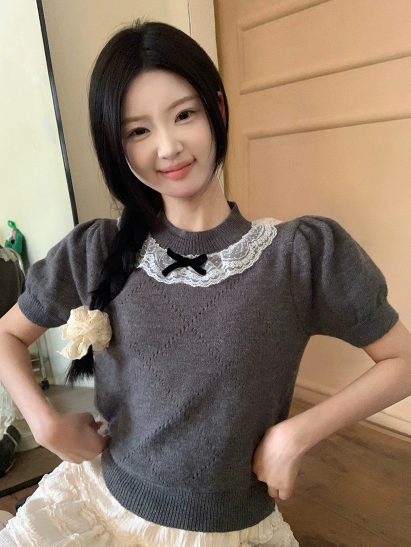 已出貨 韓系設計感蕾絲拼接蝴蝶結上衣夏季泡泡袖針織衫甜美灰色
