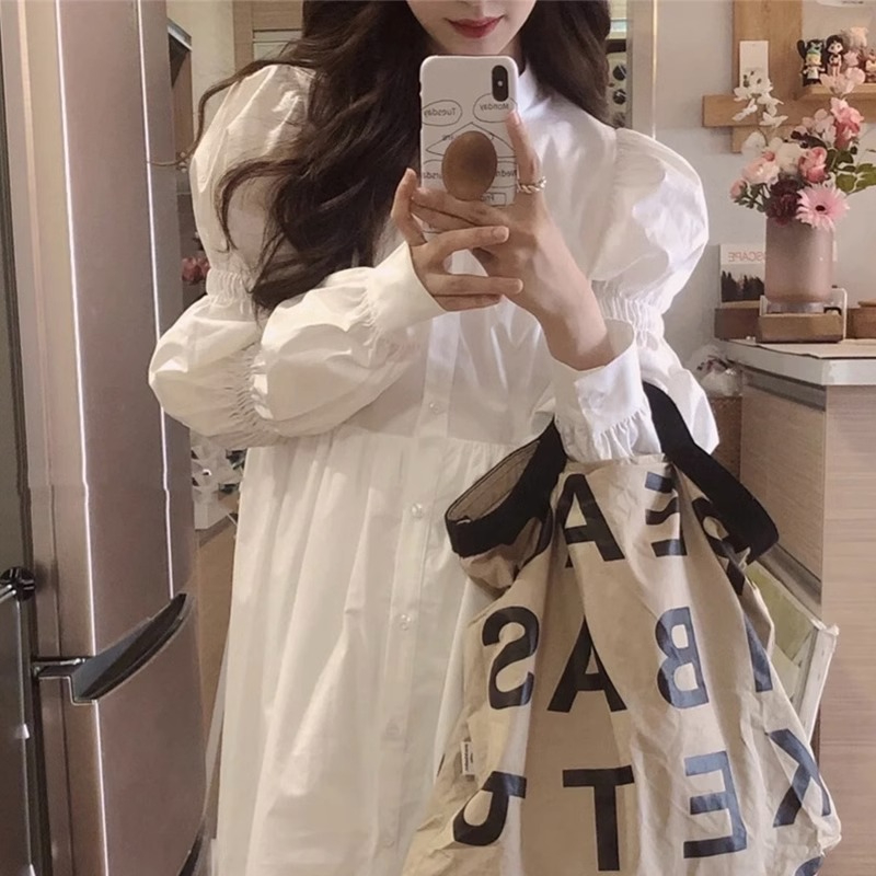 2024新款女裝早秋季穿搭法式白色長袖襯衫連衣裙子小香溫柔風長裙