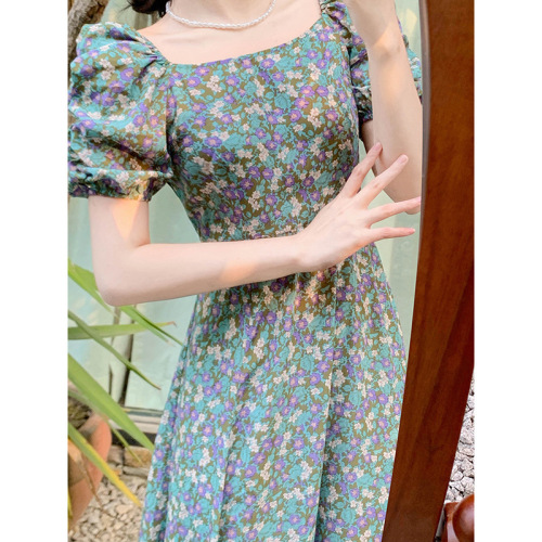 Tea-like Hepburn style French fairy style super fairy retro green floral square collar dress women's summer long dress