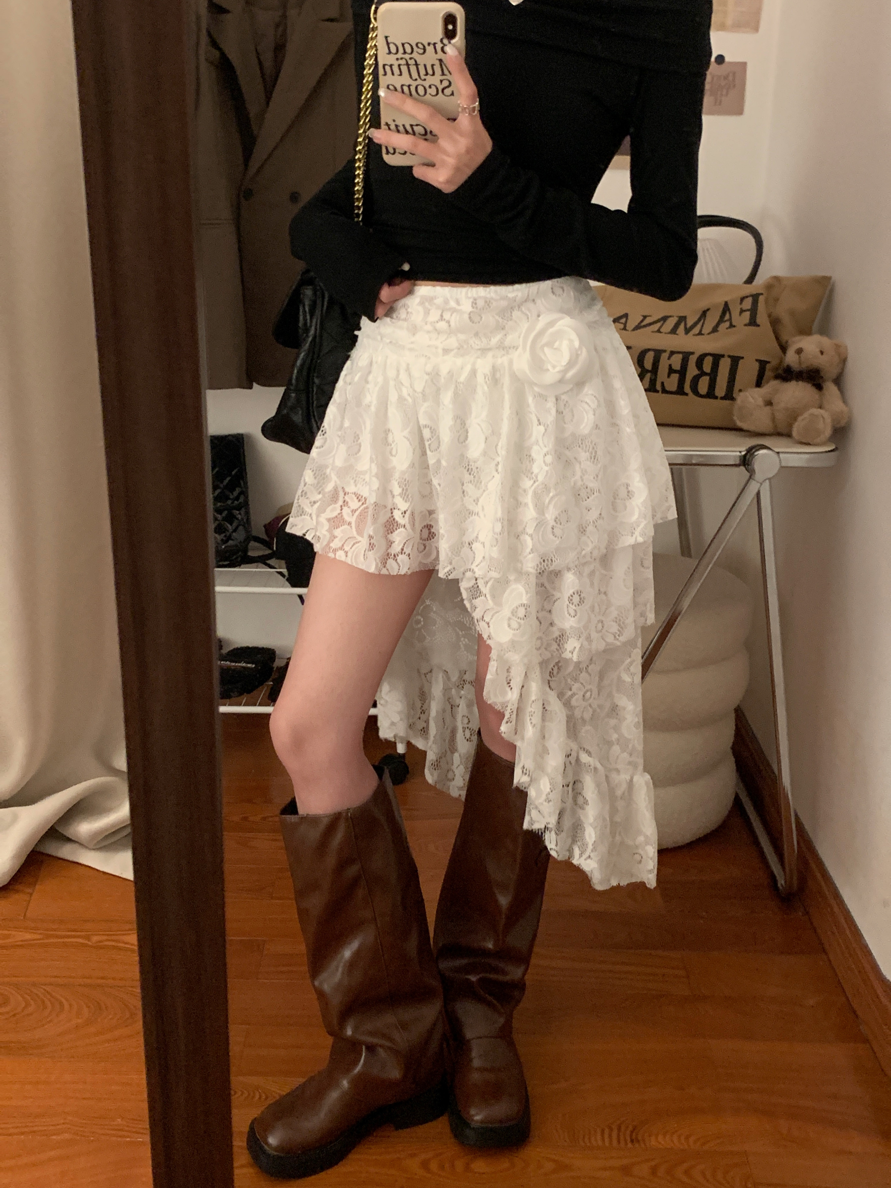 實拍 不規則蕾絲半身裙女春高腰白色a字蛋糕短裙子防走光裙褲