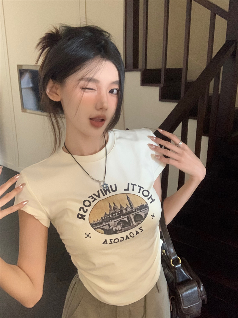 實拍 韓版印花圓領正肩短款抽繩短袖T恤+高腰工裝半身裙
