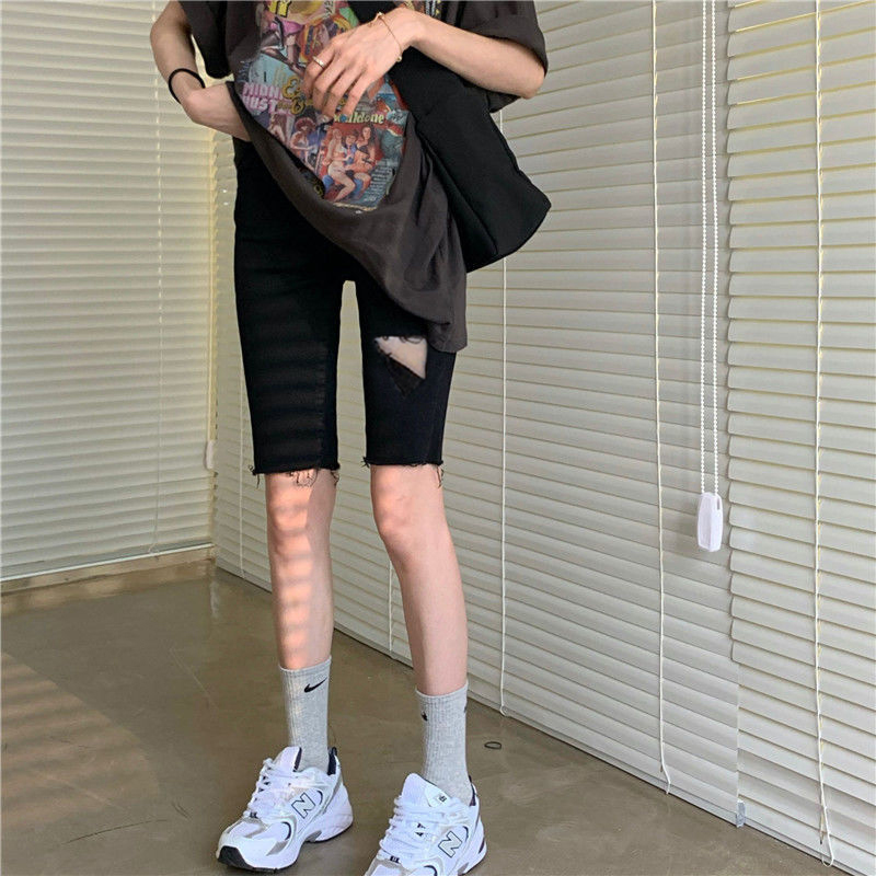 2024夏季韓版黑色五分牛仔短褲女彈力緊身破洞高腰顯瘦直筒MM褲子