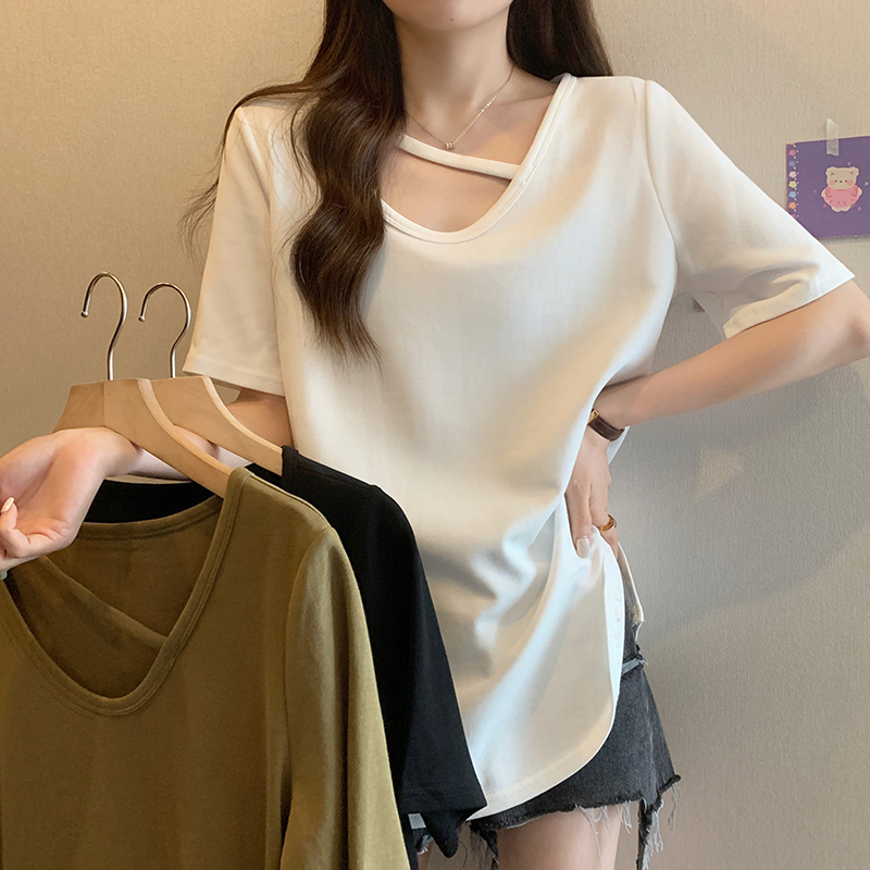 實拍  短袖t恤女夏純色短款新款V領上衣大碼女裝