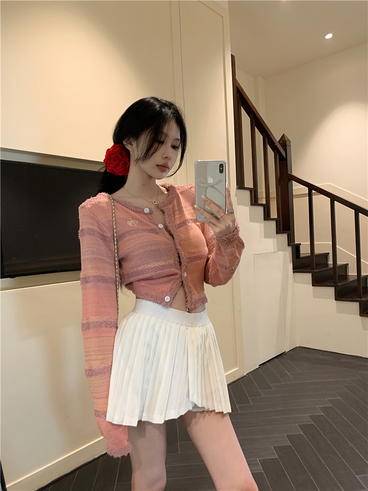 Real shot dopamine knitted cardigan women's new 2024 contrasting color stitching sweater short top