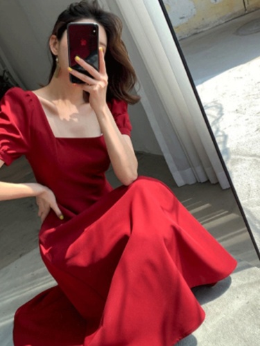 Korean puff sleeve solid color square collar slim and fashionable fresh chiffon short-sleeved mid-length dress summer new style