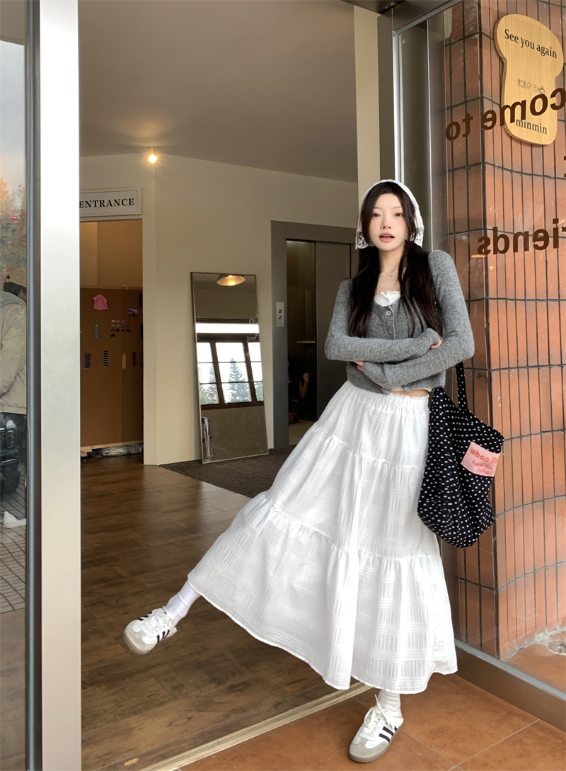 實拍~法式復古白色蕾絲半身裙春秋款小個子高腰顯瘦氣質長裙
