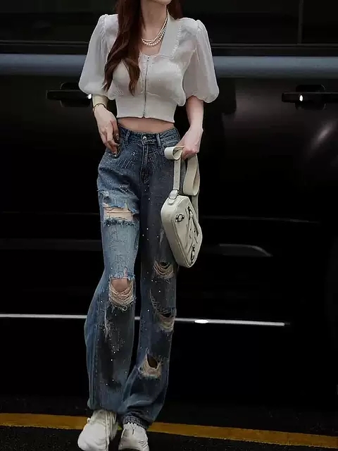 高腰牛仔褲女闊腿直筒2024年夏季新款帶鑽燙鑽小個子薄款九分破洞
