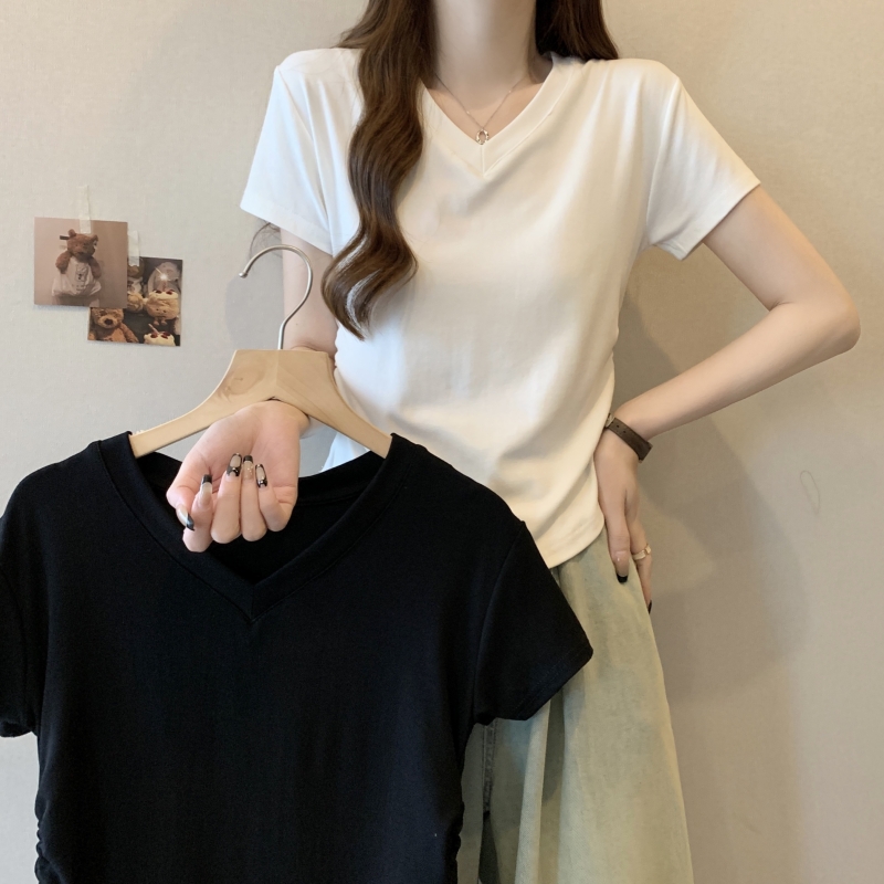 實拍  40支純棉 2024夏裝V領收腰短袖T恤女純色上衣