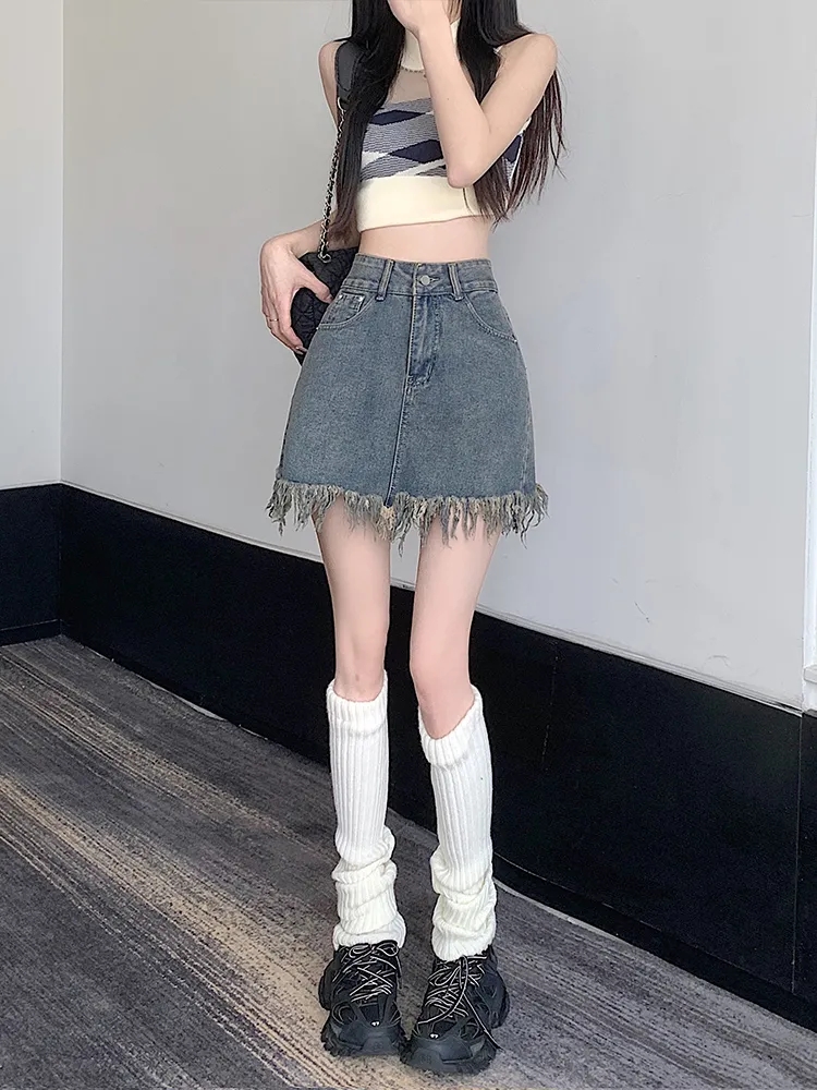 2024夏季新款原版天貓質量高腰設計感毛邊A字牛仔包臀短