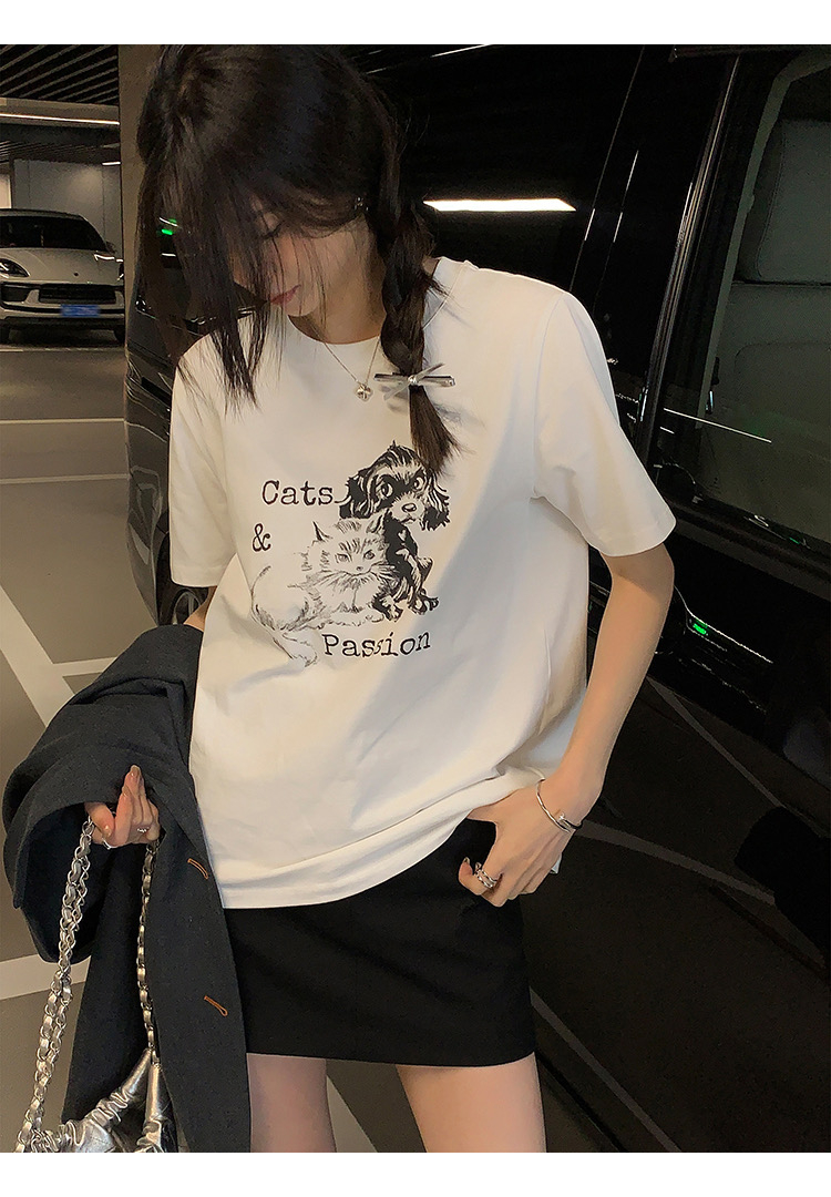 卡通印花短袖t恤女春夏季寬鬆白色復古全棉上衣