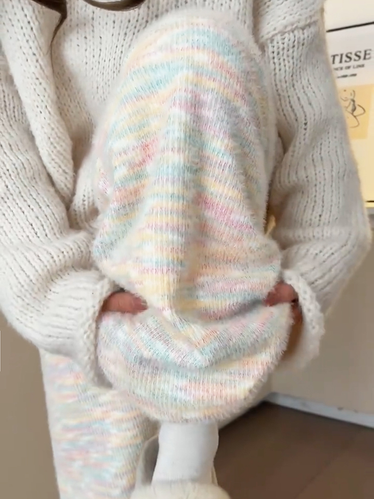 785# -官圖 彩虹提花 春季2024新款高腰軟糯休閒針織闊腿褲