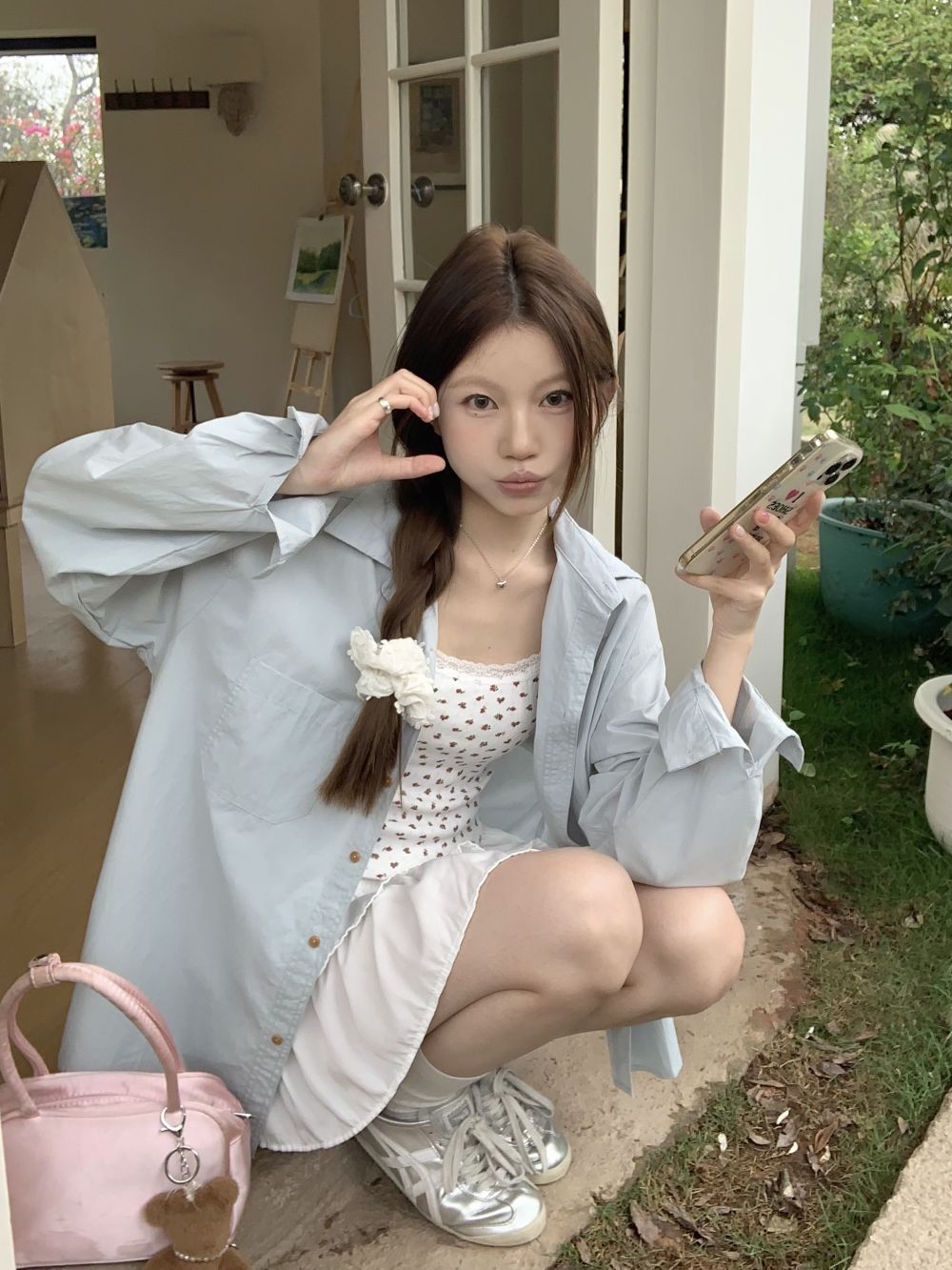 實拍三標齊寬鬆慵懶單排扣簡約純色襯衣女