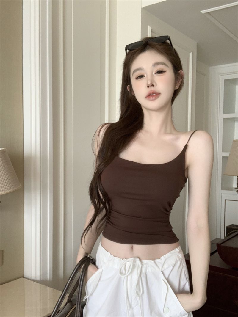 實拍~百搭基礎款小吊帶褶皺顯瘦遮肉收副乳外穿吊帶 含胸墊