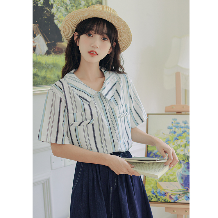 實拍法式復古條紋寬鬆顯瘦娃娃領短袖襯衫女夏新款小個子減齡襯衣