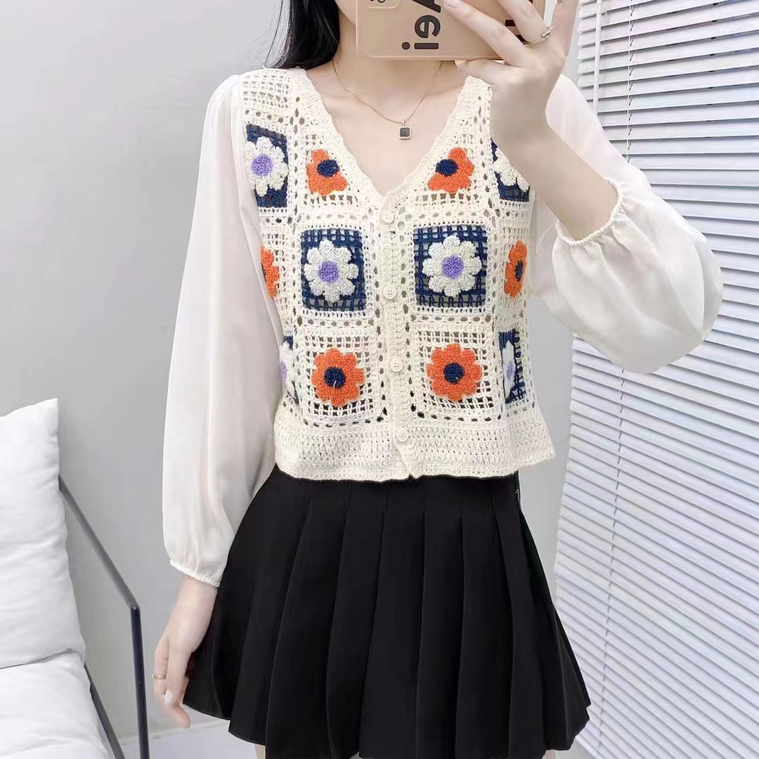 日系拼接刺繡花小清新長袖上衣潮