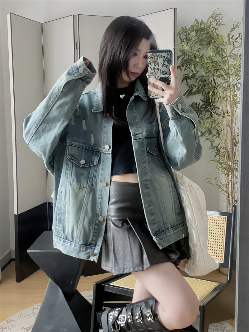 復古水洗牛仔外套女oversize春秋新款設計感bf風小眾工裝上衣