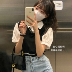 2024夏季新款港味短款上衣襯衫假兩件polo領短袖t恤針織衫女