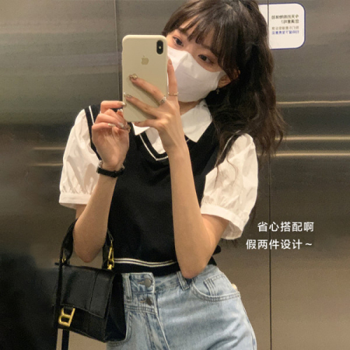 2024 Summer New Hong Kong Style Short-Sleeve Shirt Blouse with Polo Collar, Pseudo-Double Breasted Knit Top for Women