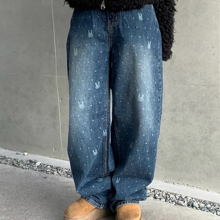 兔子圓點闊腿牛仔褲