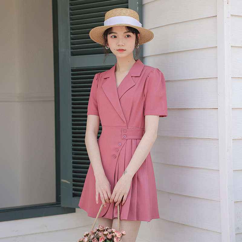 實拍西裝裙女2024夏裝小眾設計感顯瘦小個子高級感不規則連衣裙