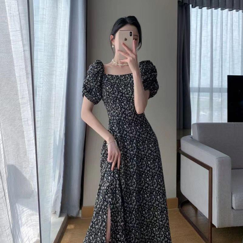 Floral Dress Women's 2024 Summer New Style Square Neck Puff Sleeve Korean Style Long Slit British Style Women's Dress