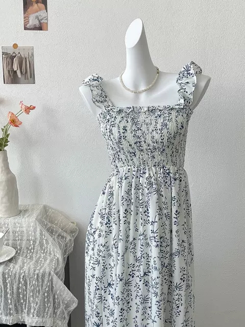 Fashionable floral lace high waist suspender dress 2024 spring new Korean style women's pure and sweet A-line skirt