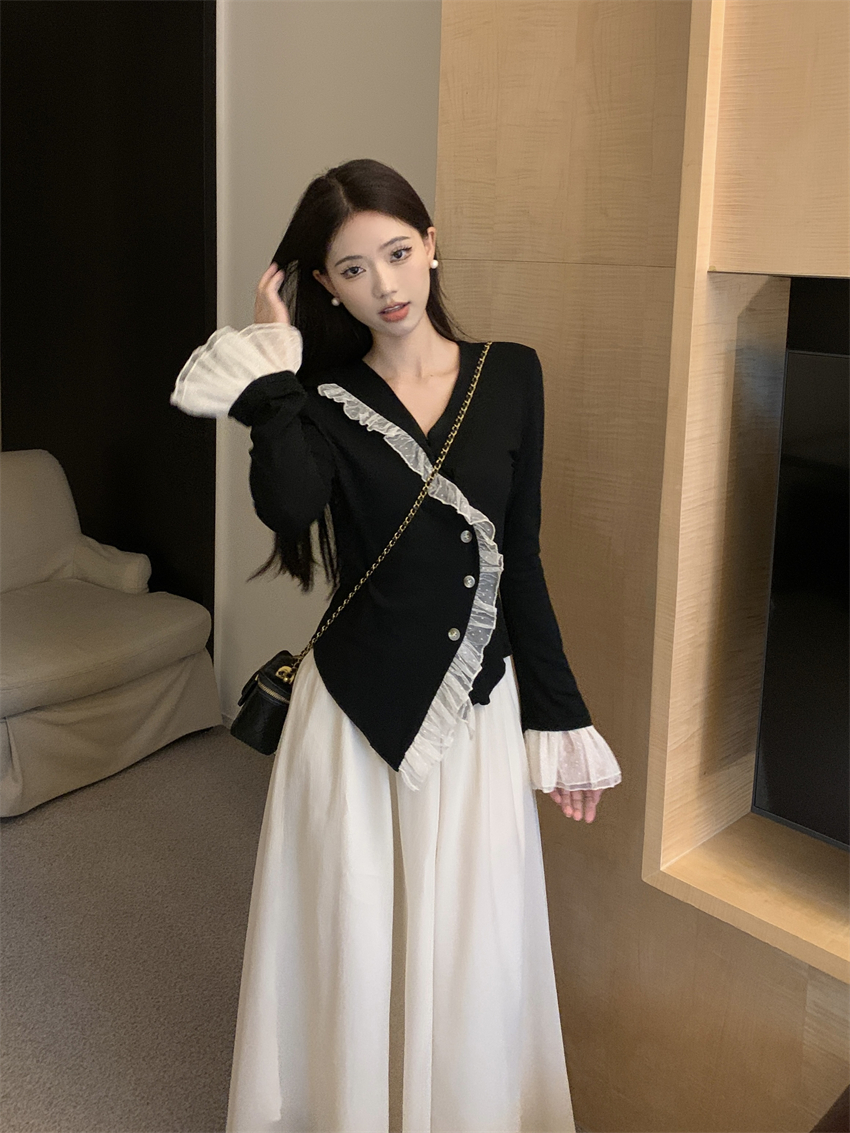 實拍 2024新中式國風V領花邊上衣洋氣高腰半身裙兩件套裝女
