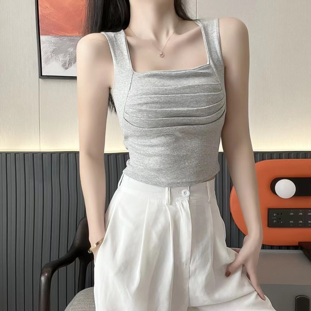 純棉帶胸墊韓風款設計感別致褶皺內搭外穿打底吊帶背心女