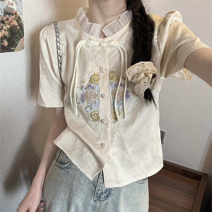實拍新中式重工刺繡短袖襯衫女夏國風上衣女士盤扣小衫