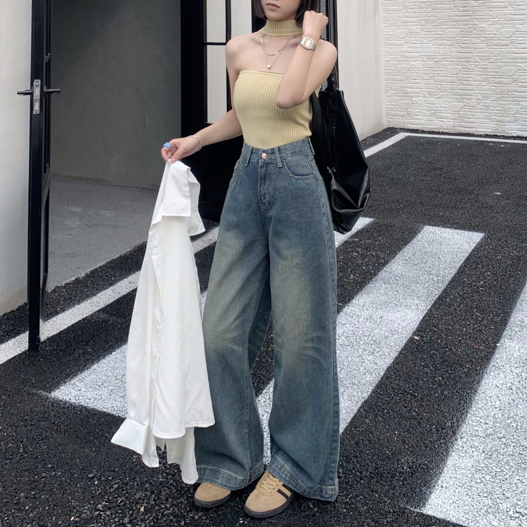 美式復古高腰闊腿牛仔褲子女春夏水洗寬鬆休閒垂感直筒拖地長褲子