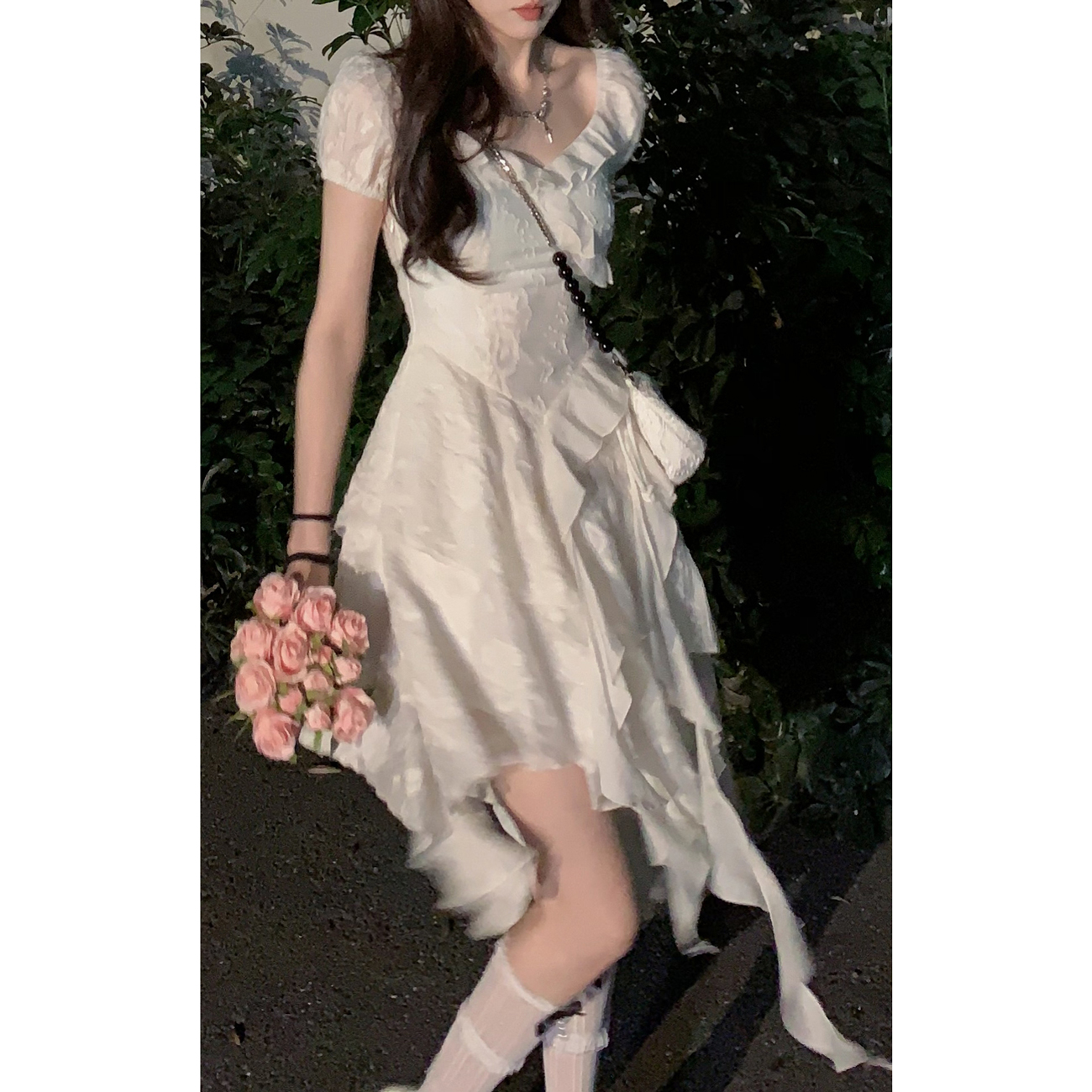 仙女風夢遊愛麗絲白色法式茶歇連衣裙甜辣荷葉邊不規則顯瘦短裙子