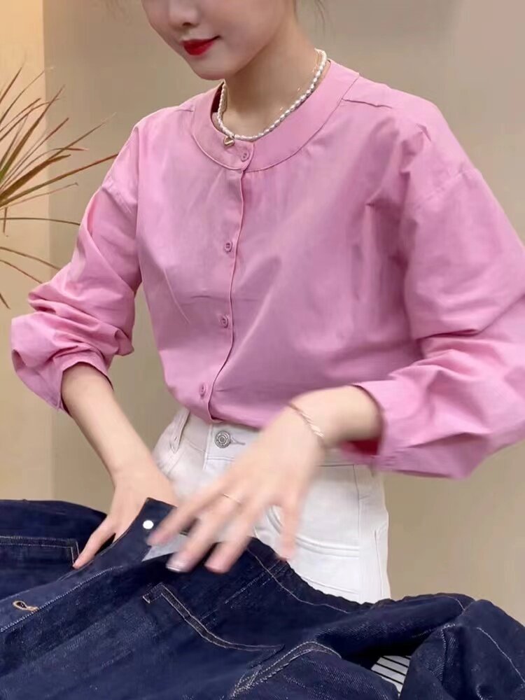 粉色洋氣減齡設計感立領長袖襯衫女2024春季新款寬鬆遮肉百搭上衣