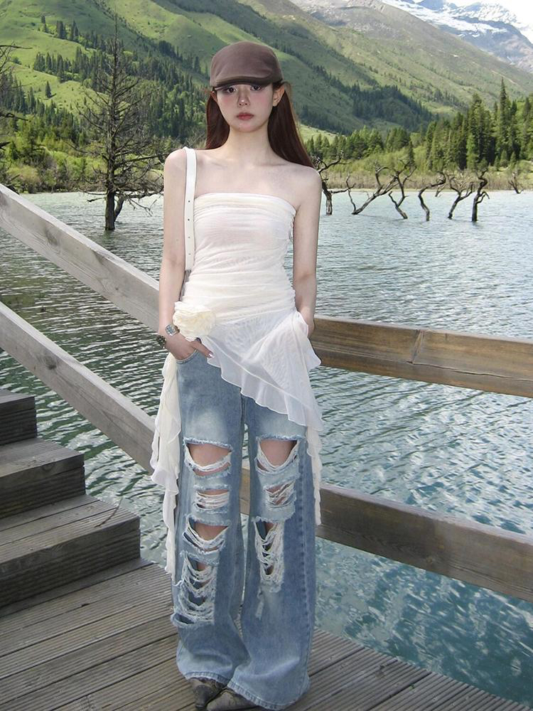 抹胸連衣裙女春夏季絕美海邊度假網紗短裙子