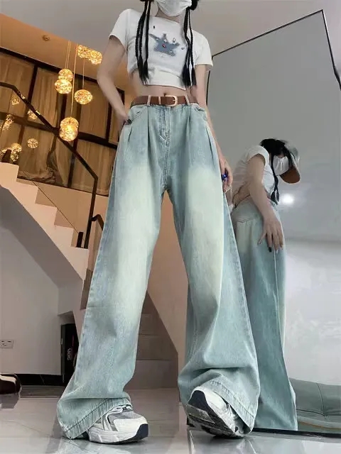 港風復古淺藍色水洗牛仔褲拖地褲女2024年春夏高腰闊腿褲長褲子