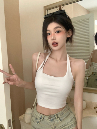 Real shot of summer white halterneck small camisole top worn inside and outside with breast pads and beautiful back for hot girls